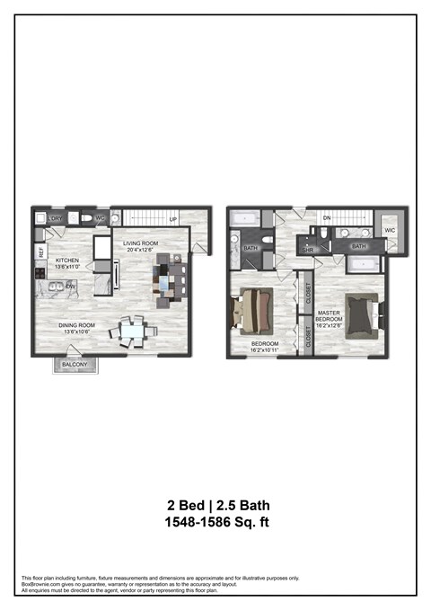 A floor plan for a 2 bedroom, 2.5 bath home sized at 1548-1586 square feet.